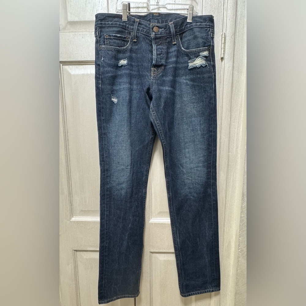 Hollister Men’s 32x32 Blue Denim Slightly Distressed Button Fly Jeans Med Wash